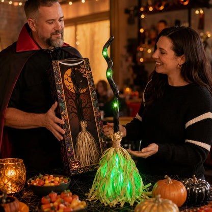 Animated Moving Witch Broom, Light‐Sound‐Motion Halloween Prop to Boost Thrill for Your Indoor & Outdoor Party Decor 